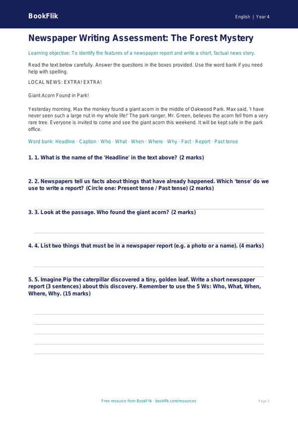 Free Newspaper Writing Assessment | Year 4 Supported | BookFlik worksheet preview — English Newspaper Writing