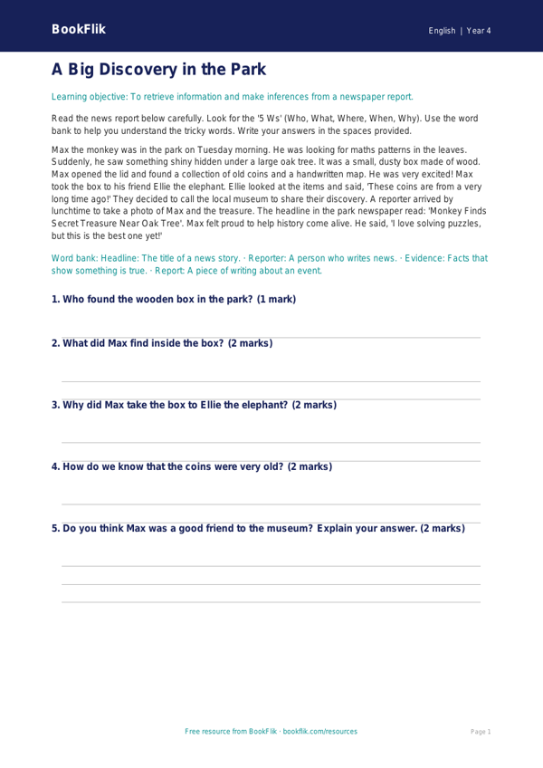 Free Newspaper Writing Comprehension | Year 4 Supported | BookFlik worksheet preview — English Newspaper Writing