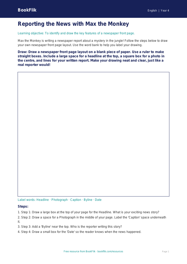 Free Newspaper Writing Drawing Sheet | Year 4 Supported | BookFlik worksheet preview — English Newspaper Writing