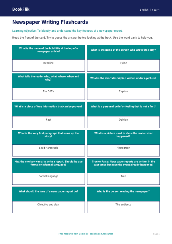 Free Newspaper Writing Flashcards | Year 4 Supported | BookFlik worksheet preview — English Newspaper Writing