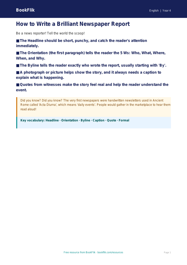 Free Newspaper Writing Poster | Year 4 Supported | BookFlik worksheet preview — English Newspaper Writing