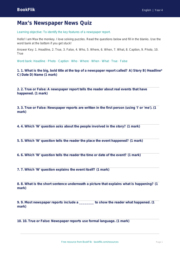Free Newspaper Writing Quiz | Year 4 Supported | BookFlik worksheet preview — English Newspaper Writing