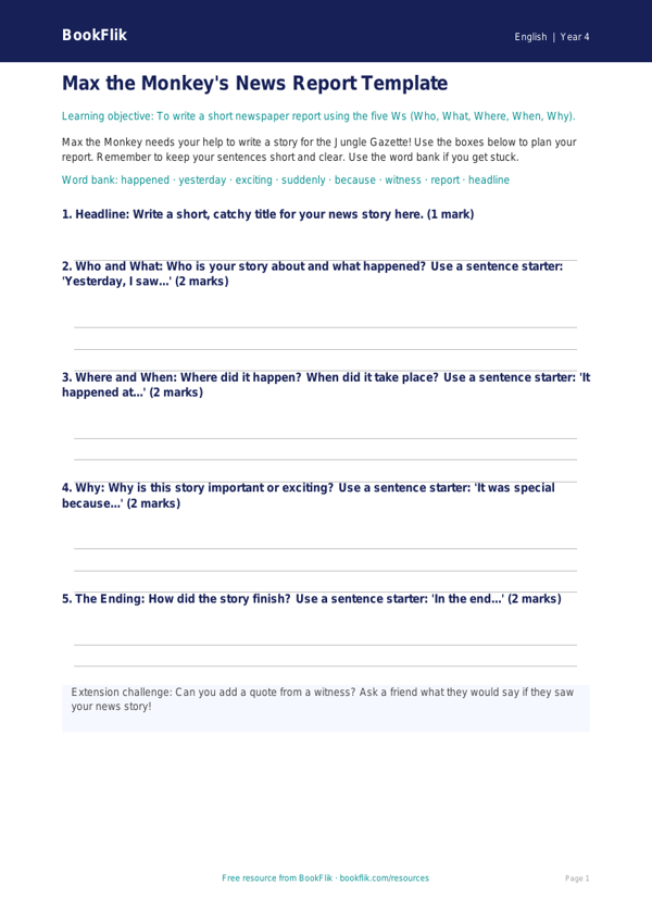Free Newspaper Writing Template | Year 4 Supported | BookFlik worksheet preview — English Newspaper Writing