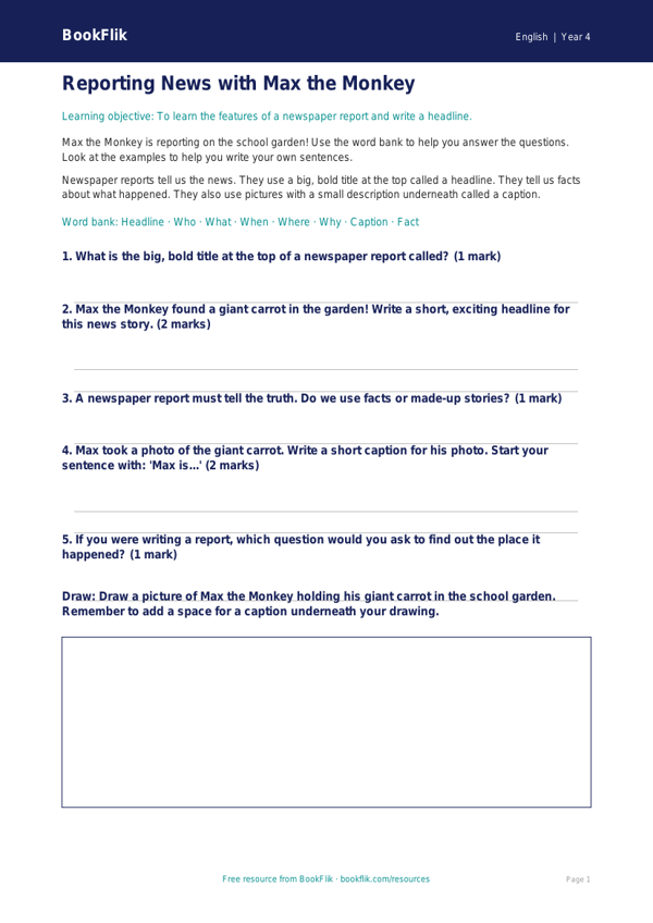 Free Newspaper Writing Worksheet | Year 4 Supported | BookFlik worksheet preview — English Newspaper Writing