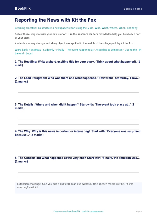 Free Newspaper Writing Writing Frame | Year 4 Supported | BookFlik worksheet preview — English Newspaper Writing