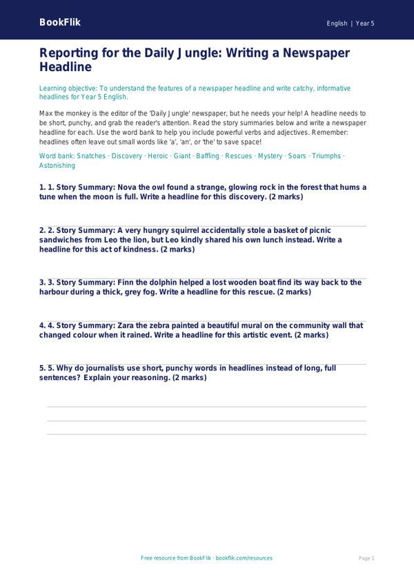 Free Newspaper Writing Activity Sheet | Year 5 Core | BookFlik worksheet preview — English Newspaper Writing