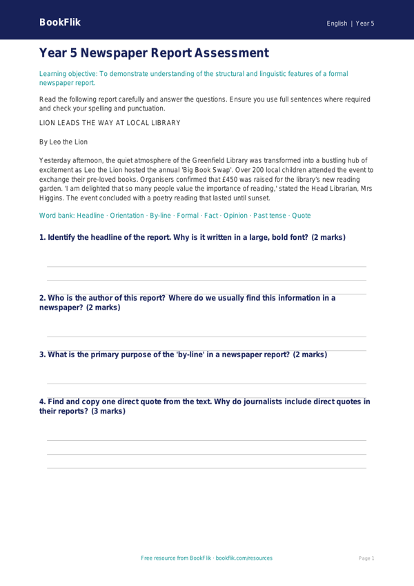 Free Newspaper Writing Assessment | Year 5 Core | BookFlik worksheet preview — English Newspaper Writing