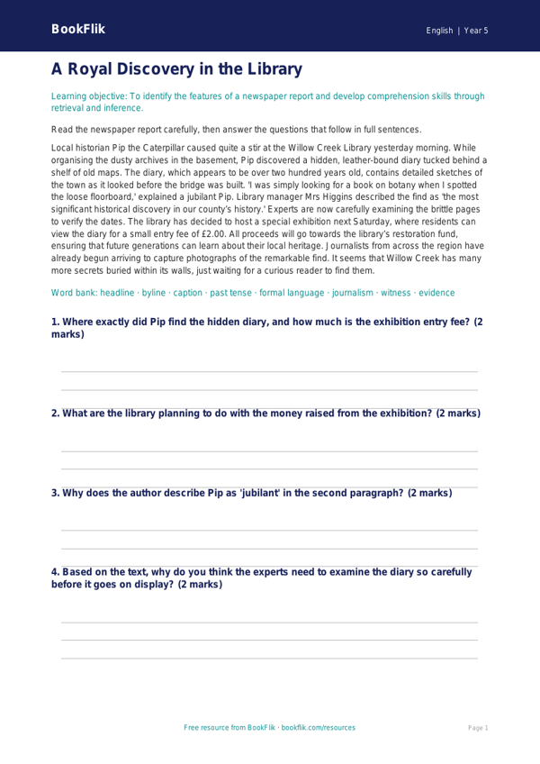 Free Newspaper Writing Comprehension | Year 5 Core | BookFlik worksheet preview — English Newspaper Writing
