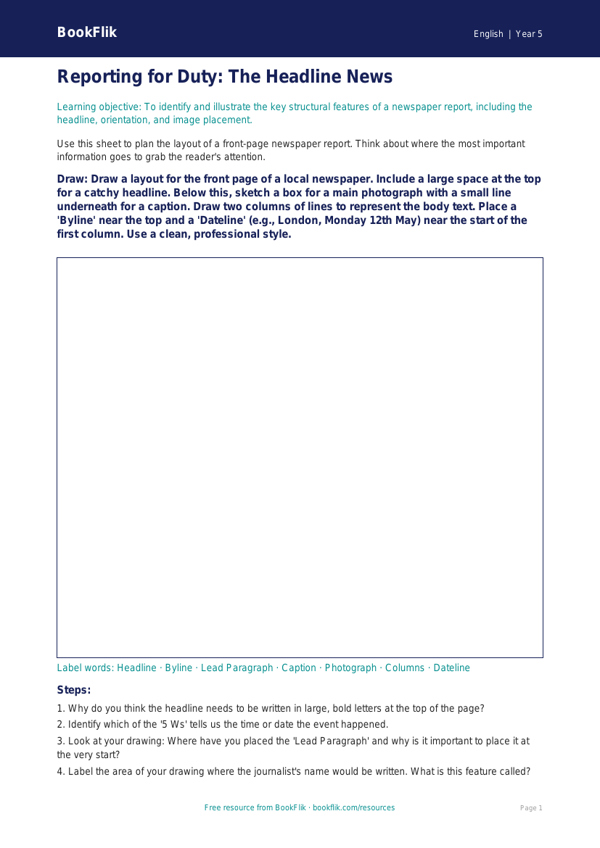 Free Newspaper Writing Drawing Sheet | Year 5 Core | BookFlik worksheet preview — English Newspaper Writing