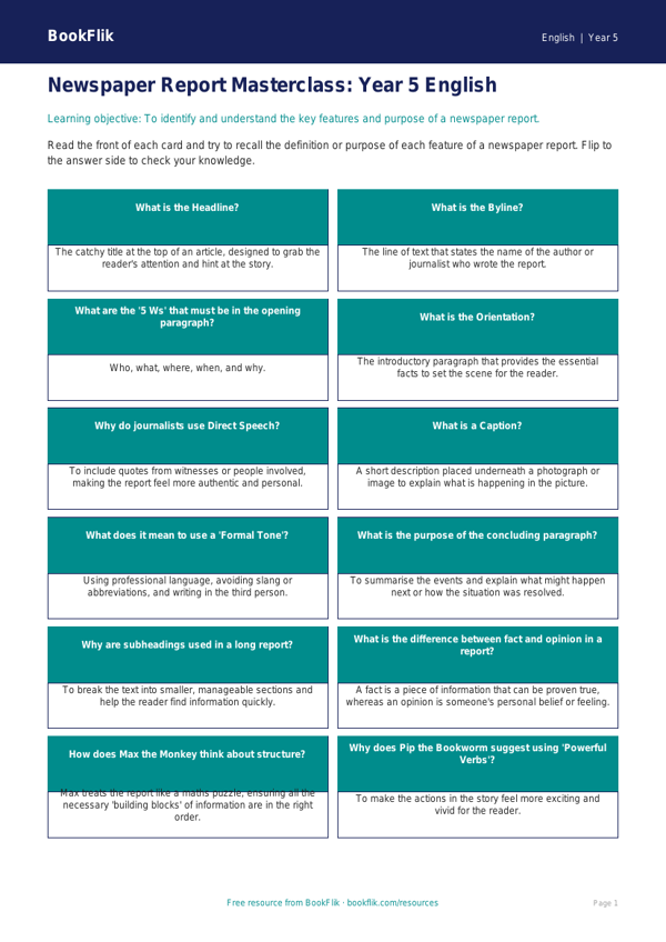 Free Newspaper Writing Flashcards | Year 5 Core | BookFlik worksheet preview — English Newspaper Writing