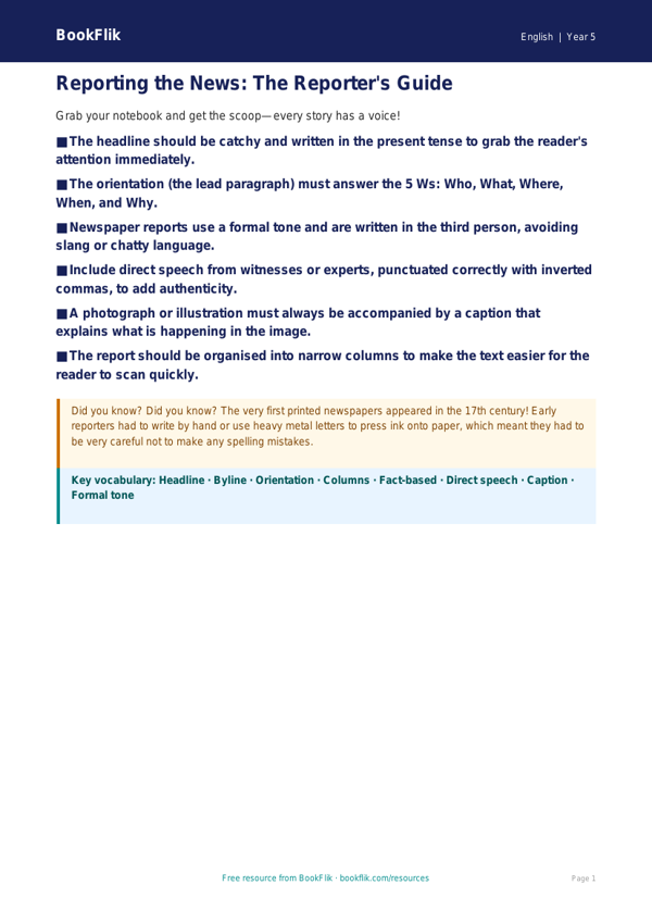 Free Newspaper Writing Poster | Year 5 Core | BookFlik worksheet preview — English Newspaper Writing