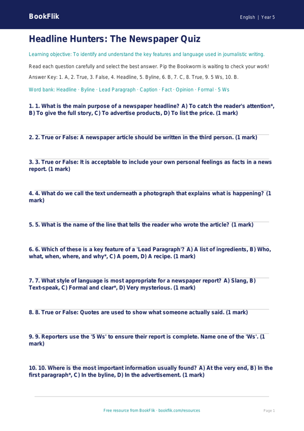 Free Newspaper Writing Quiz | Year 5 Core | BookFlik worksheet preview — English Newspaper Writing