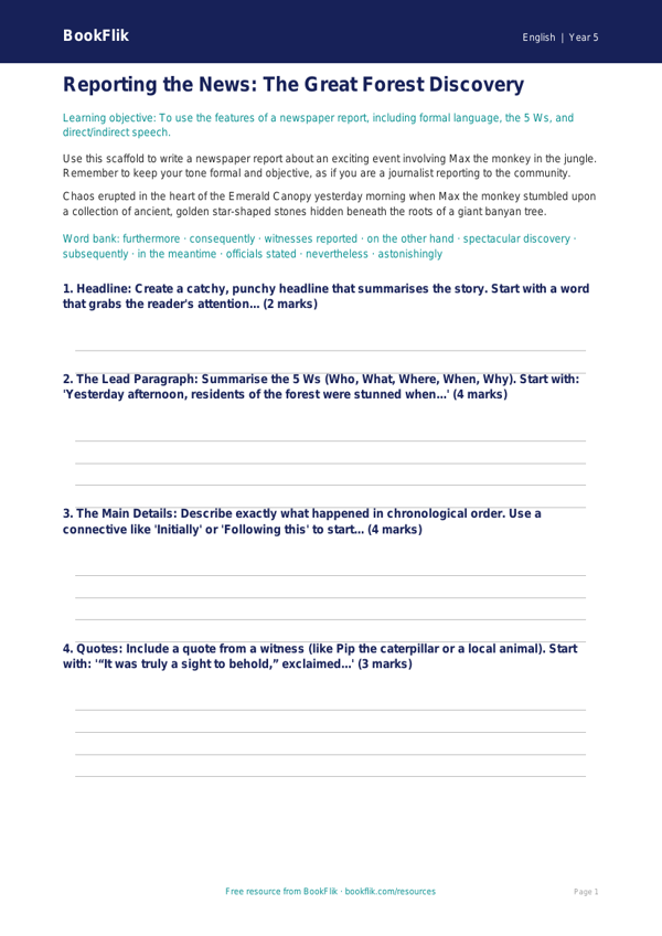 Free Newspaper Writing Frame | Year 5 Core | BookFlik worksheet preview — English Newspaper Writing