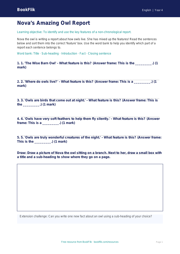 Free Non Chronological Reports Activity Sheet | Year 4 Supported | BookFlik worksheet preview — English Non Chronological Reports