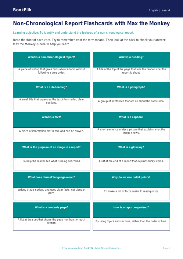 Free Non-Chronological Reports Worksheet | Year 4 Literacy | BookFlik worksheet preview — English Non Chronological Reports