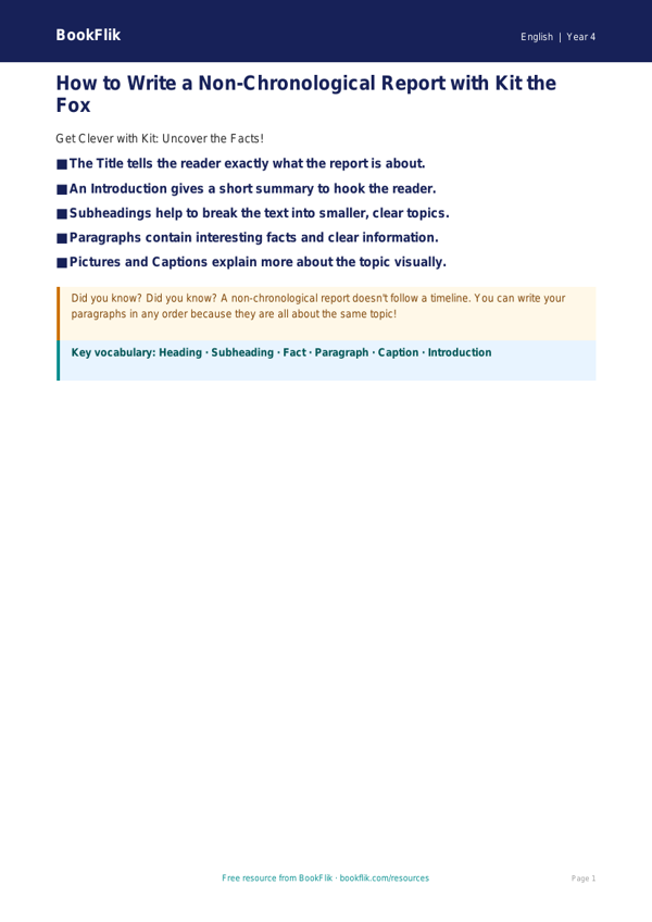 Free Non Chronological Reports Poster | Year 4 Supported | BookFlik worksheet preview — English Non Chronological Reports