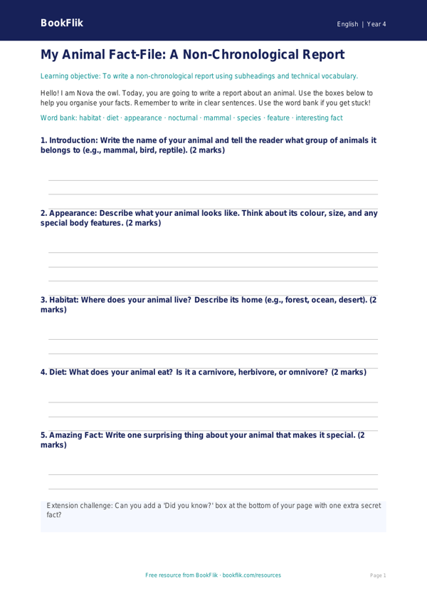 Free Non Chronological Reports Template | Year 4 Supported | BookFlik worksheet preview — English Non Chronological Reports