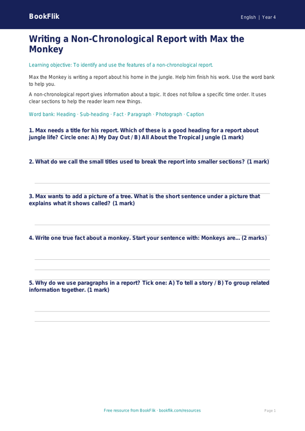 Free Non Chronological Reports Worksheet | Year 4 Supported | BookFlik worksheet preview — English Non Chronological Reports