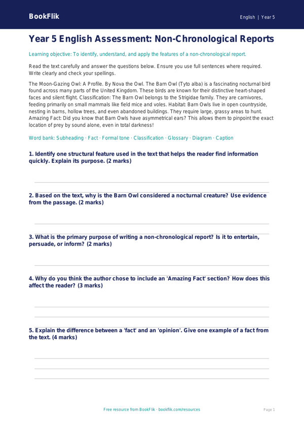 Free Non-Chronological Reports Assessment | Year 5 Core | BookFlik worksheet preview — English Non Chronological Reports