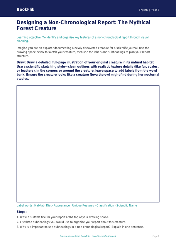 Free Non Chronological Reports Drawing Sheet | Year 5 Core | BookFlik worksheet preview — English Non Chronological Reports