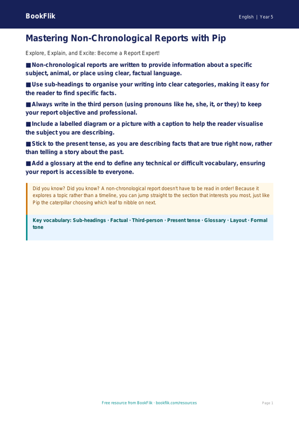 Free Non-Chronological Reports Poster | Year 5 Core | BookFlik worksheet preview — English Non Chronological Reports