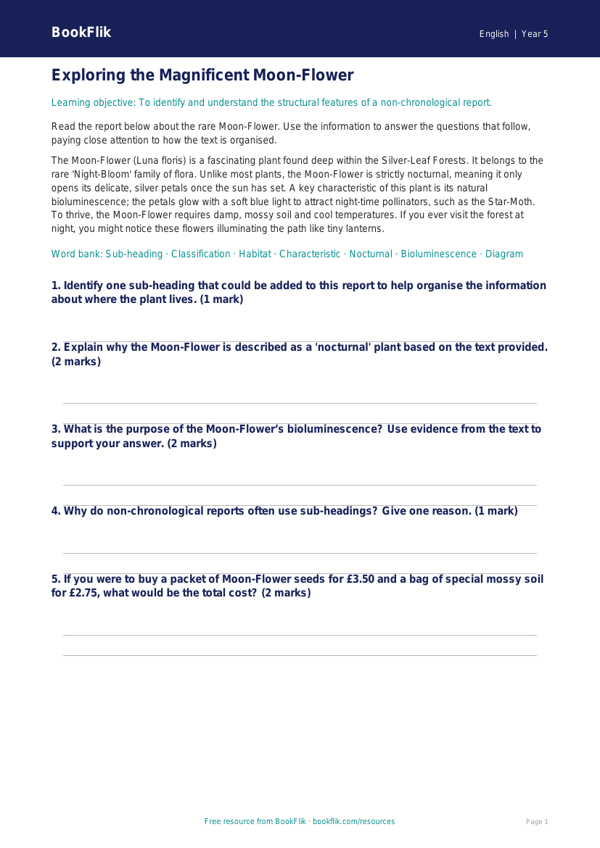 Free Non Chronological Reports Track Sheet | Year 5 Core | BookFlik worksheet preview — English Non Chronological Reports