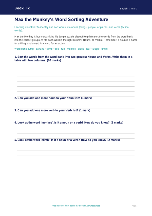 Free Nouns And Verbs Activity Sheet | Year 1 Core | BookFlik worksheet preview — English Nouns And Verbs