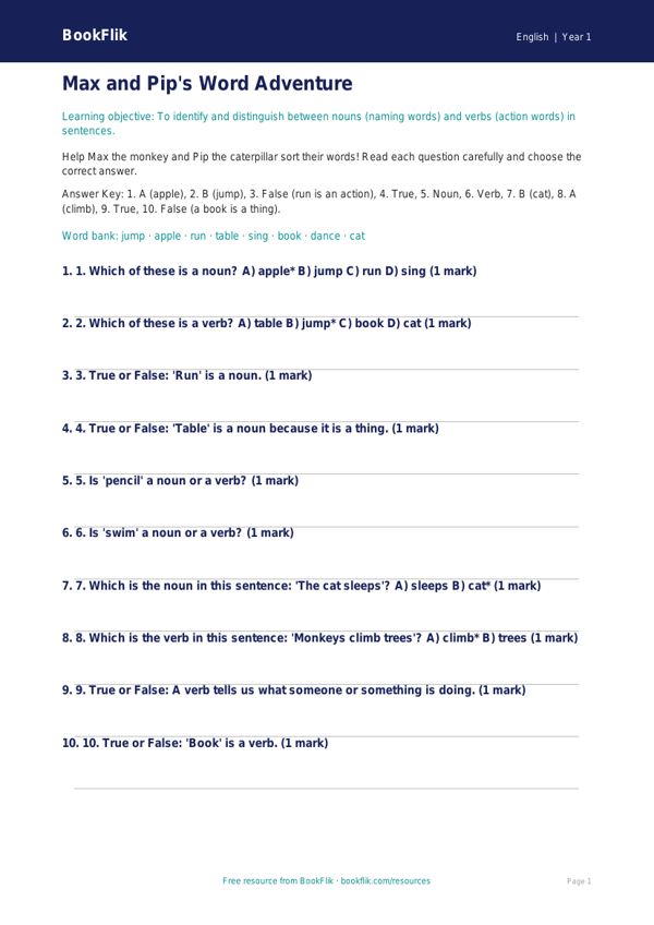 Free Nouns And Verbs Quiz | Year 1 Core | BookFlik worksheet preview — English Nouns And Verbs
