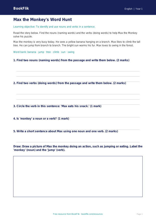 Free Nouns And Verbs Track Sheet | Year 1 Core | BookFlik worksheet preview — English Nouns And Verbs