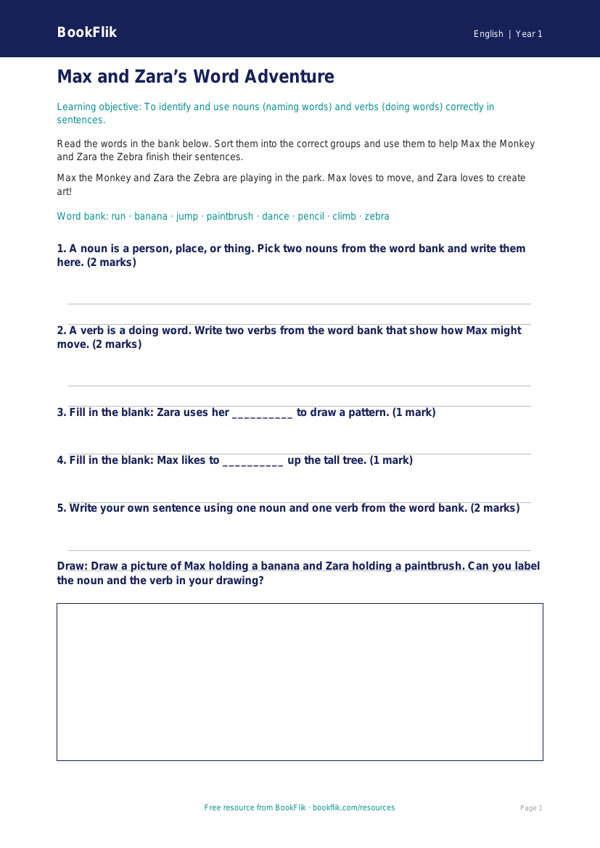 Free Nouns And Verbs Worksheet | Year 1 Core | BookFlik worksheet preview — English Nouns And Verbs