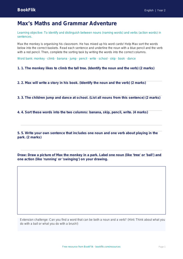 Free Nouns And Verbs Activity Sheet | Year 2 Core | BookFlik worksheet preview — English Nouns And Verbs