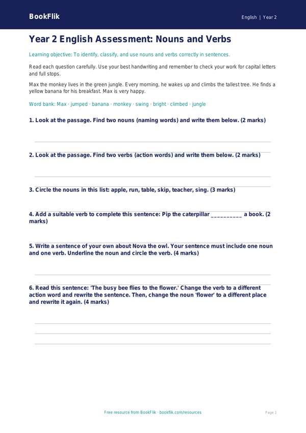 Free Nouns And Verbs Assessment | Year 2 Core | BookFlik worksheet preview — English Nouns And Verbs