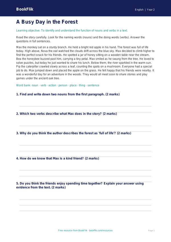 Free Nouns And Verbs Comprehension | Year 2 Core | BookFlik worksheet preview — English Nouns And Verbs