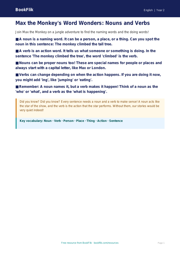 Free Nouns And Verbs Poster | Year 2 Core | BookFlik worksheet preview — English Nouns And Verbs
