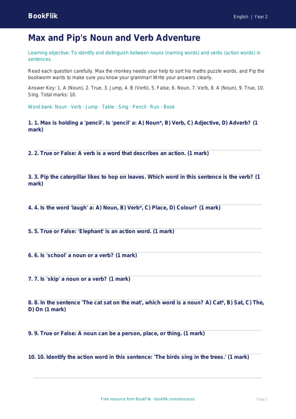 Free Nouns And Verbs Quiz | Year 2 Core | BookFlik worksheet preview — English Nouns And Verbs