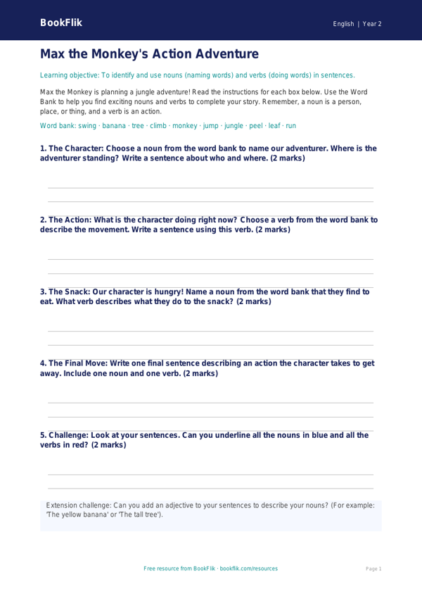 Free Nouns And Verbs Template | Year 2 Core | BookFlik worksheet preview — English Nouns And Verbs