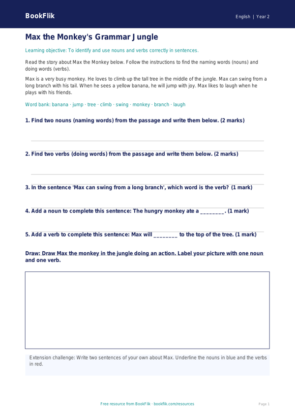 Free Nouns And Verbs Track Sheet | Year 2 Core | BookFlik worksheet preview — English Nouns And Verbs