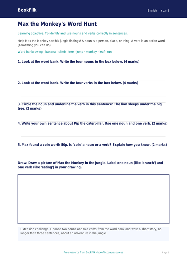 Free Nouns And Verbs Worksheet | Year 2 Core | BookFlik worksheet preview — English Nouns And Verbs