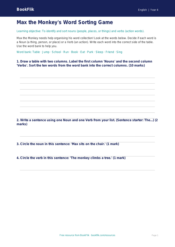 Free Nouns And Verbs Activity Sheet | Year 4 Supported | BookFlik worksheet preview — English Nouns And Verbs