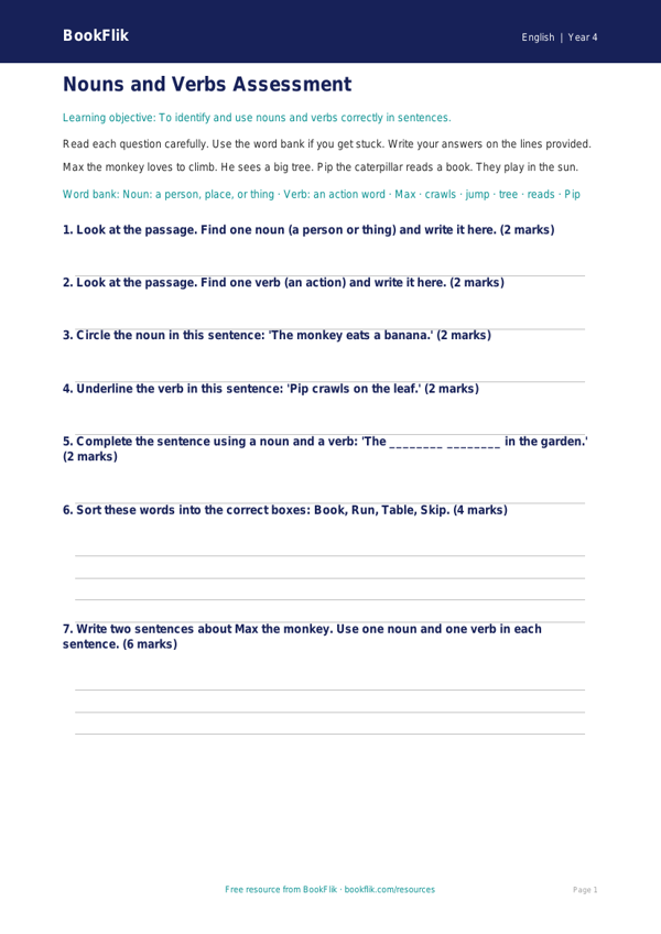 Free Nouns And Verbs Assessment | Year 4 Supported | BookFlik worksheet preview — English Nouns And Verbs