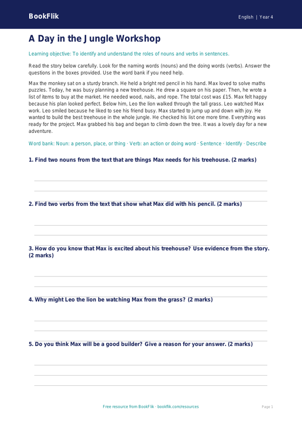 Free Nouns And Verbs Comprehension | Year 4 Supported | BookFlik worksheet preview — English Nouns And Verbs
