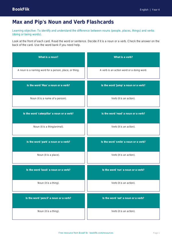 Free Nouns And Verbs Flashcards | Year 4 Supported | BookFlik worksheet preview — English Nouns And Verbs