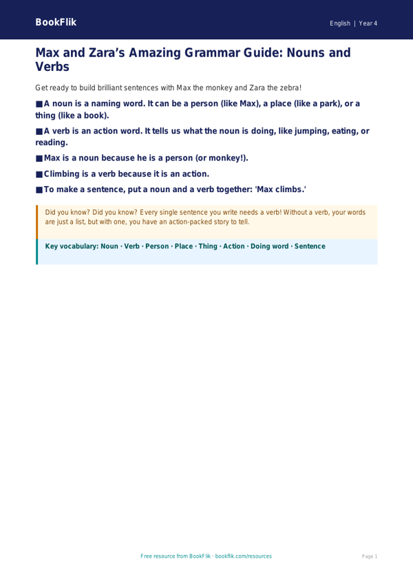 Free Nouns And Verbs Poster | Year 4 Supported | BookFlik worksheet preview — English Nouns And Verbs
