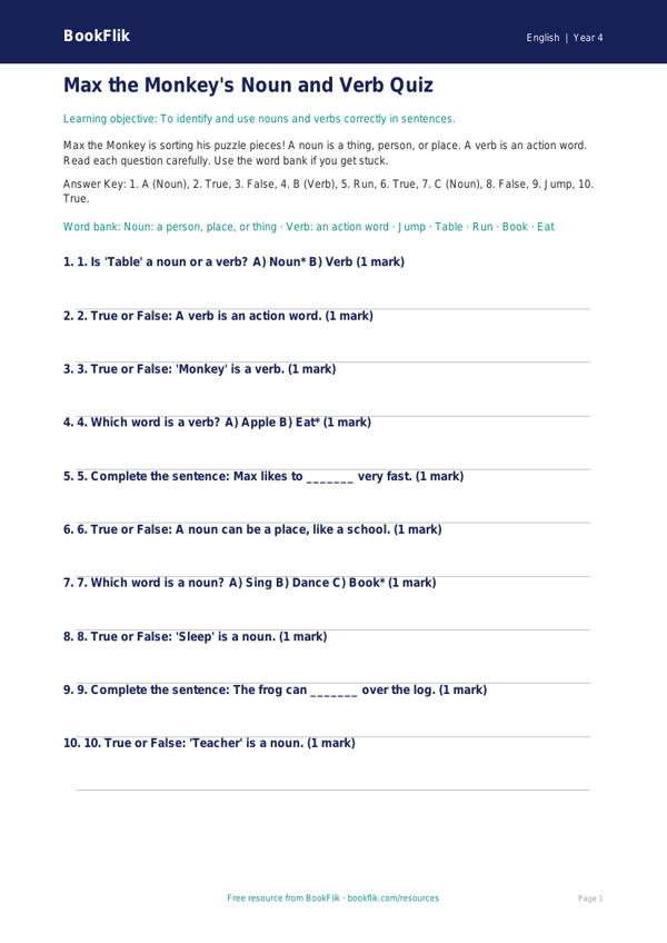 Free Nouns And Verbs Quiz | Year 4 Supported | BookFlik worksheet preview — English Nouns And Verbs