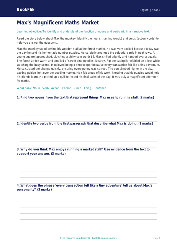 Free Nouns And Verbs Comprehension | Year 5 Core | BookFlik worksheet preview — English Nouns And Verbs