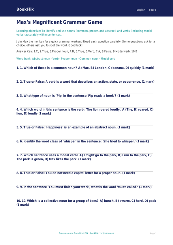 Free Nouns And Verbs Quiz | Year 5 Core | BookFlik worksheet preview — English Nouns And Verbs