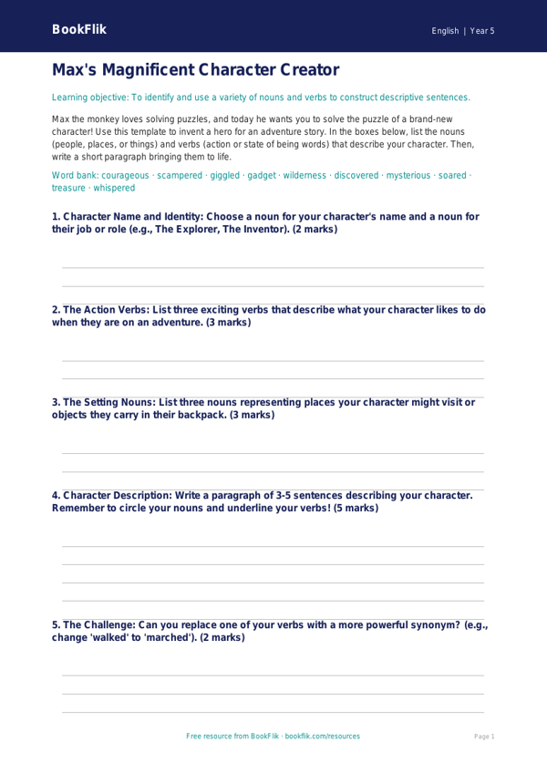 Free Nouns And Verbs Template | Year 5 Core | BookFlik worksheet preview — English Nouns And Verbs
