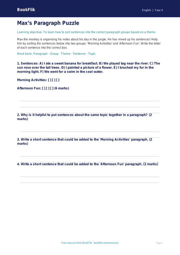 Free Paragraphs Activity Sheet | Year 4 Supported | BookFlik worksheet preview — English Paragraphs