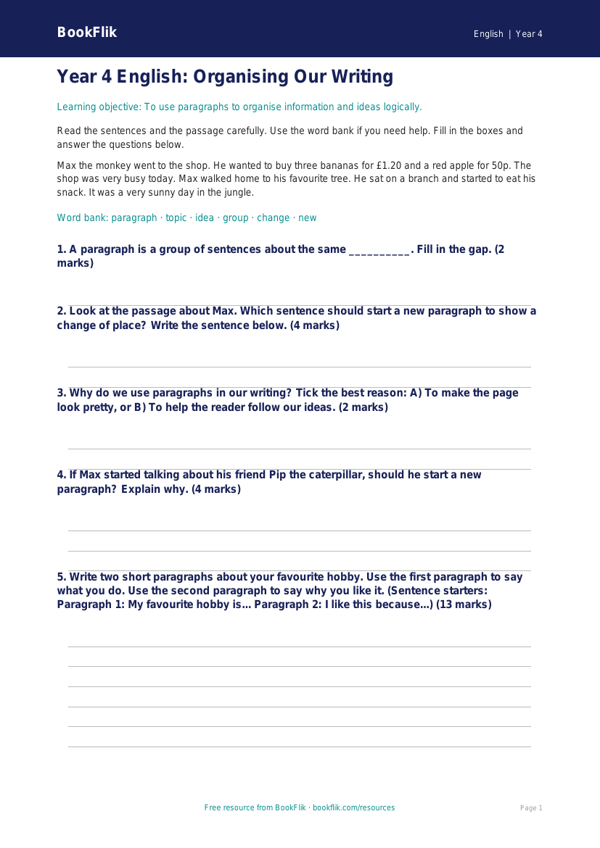Free Paragraphs Assessment | Year 4 Supported | BookFlik worksheet preview — English Paragraphs