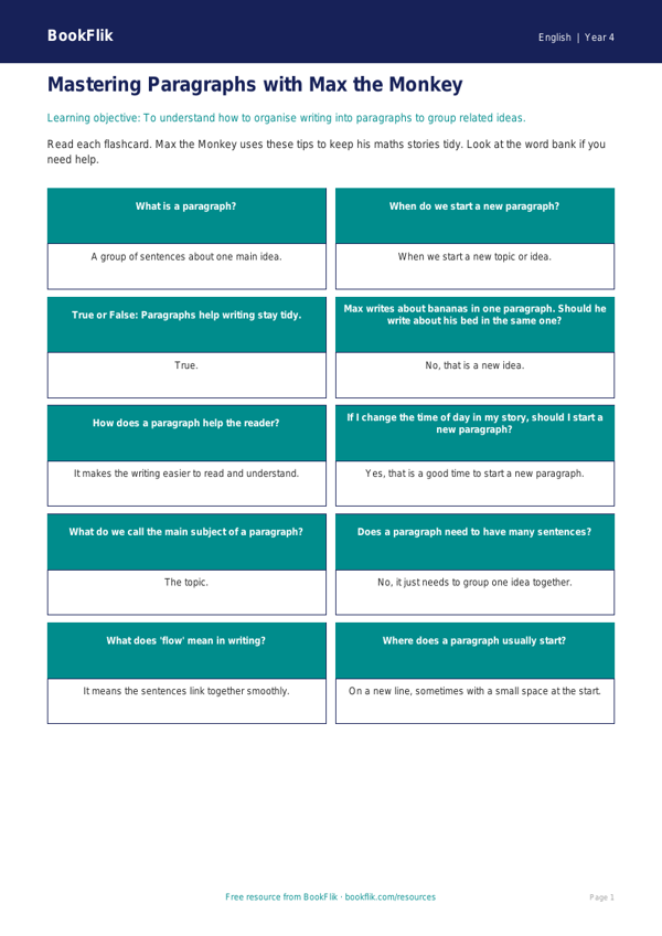 Free Paragraphs Flashcards | Year 4 Supported | BookFlik worksheet preview — English Paragraphs